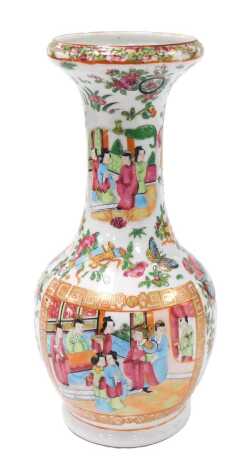 A 19thC Qing dynasty Chinese porcelain bottle vase, decorated in the Canton famille rose palette, with reserves of figures at court to the bulbous body, the neck with gourds, flowers and butterflies, 30cm high.