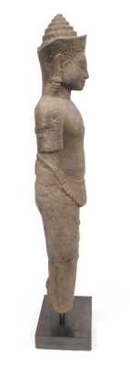 A Khmer sandstone figure of Vishnu, in standing pose, possibly 12th/13thC, modelled wearing a sampot, jewelled headdress and collar, raised on a black rectangular base, 115cm high. Provenance: Acquired by current vendors from Bangkok in 1998 with authenti - 4