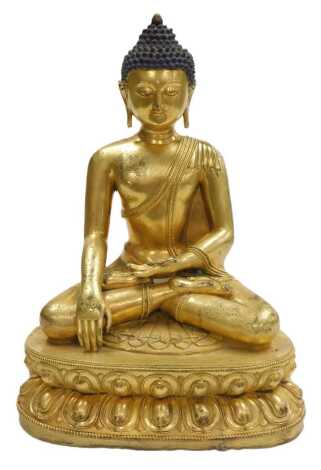 A 19thC Nepalese gilt bronze figure of Shakyamuni Buddha, modelled seated, 42cm high. On initial inspection there are light pin prick or small scratch marks throughout, gilt loss in places throughout, but no apparent breaks, fractures or restoration. Weig