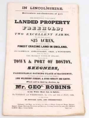 An 1838 Lincolnshire estates auction catalogue, for property and land in the Parish of Ingoldmells Addelthorpe, Orby and Winthorpe, by Mr George Robbins, at the White Hart Inn, in Spilsby, and a further catalogue 1861, for freehold estates at Langton Wood - 2