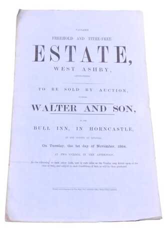 An 1864 estate auction catalogue by Messrs Walter and Son, at the Bull Inn, in Horncastle, comprising the valuable freehold and tithe free estate of West Ashby, printed by Penn Cox of Leicester.