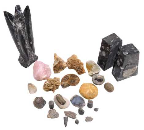 A group of fossils and minerals, including an Orthoceras fossil tower, pair of ammonite bookends, quartzes, and a trilobite.