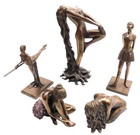 A group of bronzed plaster figures, including Little Dancer, after Rodin, further ballerinas, and a naked lady with long trailing hair. (5)