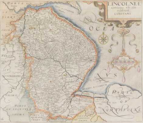 After Christopher Saxton & William Kip, map of Lincolnshire (Lincolniae), hand coloured engraving, 31cm x 37.5cm.