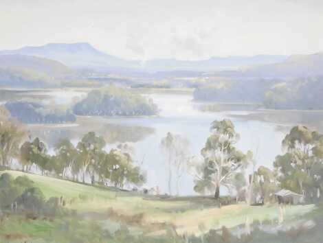 Dermont Hellier (Australian 1916-2006). Reflections on the ? Lakes New South Wales, oil on canvas, signed, dated '73, titled verso, 67cm x 88cm.