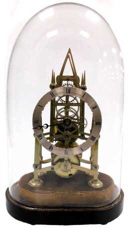 A 19thC brass skeleton clock, by Taffinder of Rotherham, silvered chapter ring bearing Roman numerals, single fusee movement, the clock of church form, under a glass dome, with an ebonised base, with keys, clock 26cm high.