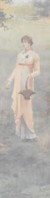 After Marcus Stone (English 1840-1921). Lady with a basket of apples, lady with basket of flowers, pair of prints, 60cm x 17cm, together with a pastel study of flowers, details verso, 39cm x 25cm. (3) - 2
