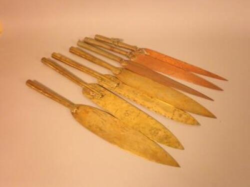 Tribal Art. Four African brass spear heads and three copper spear heads.