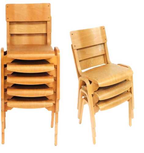 A set of eight Tecta Furniture Limited beech and bentwood stacking chairs, designed by Stafford, patent number 912174.