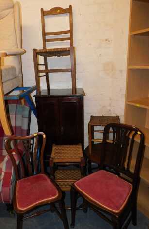 A mahogany two door cabinet, raised on cabriole legs, internal shelf divisions for sheet music or art materials, overall size 52cm wide x 108cm high x 43cm deep, together with a set of rush/rattan footstools in oak, an octagonal topped coffee table, a pai