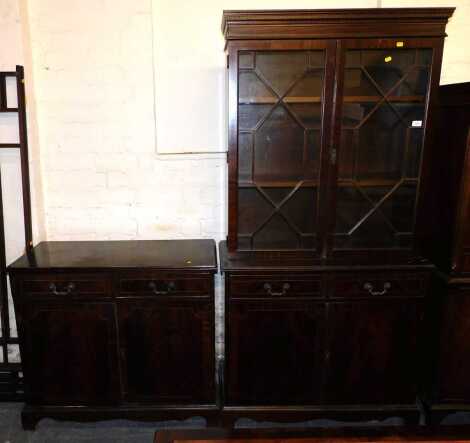 A semi-glazed display cabinet, with two doors astragal glazed, 92cm wide x 183cm high x 33cm deep, together with a sideboard of two frieze drawers, two cupboards below, 92cm wide x 81cm high x 44cm deep. (2)