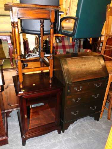 A student bureau, with three drawer storage below, 62cm wide x 97cm high x 40cm deep, a mahogany occasional table and a glaze fronted hi-fi cabinet. (3)