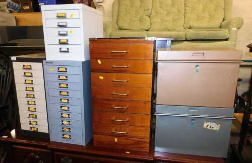 A quantity of Bisley storage cabinets, including two fireproof storage cabinets, and four multi drawer cabinets. (6)