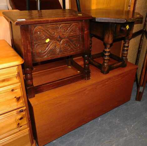 A teak blanket box, 100cm wide x 46cm high x 43cm deep, together with an oak octagonal occasional table, with single drawer, and an oak storage box. (3)