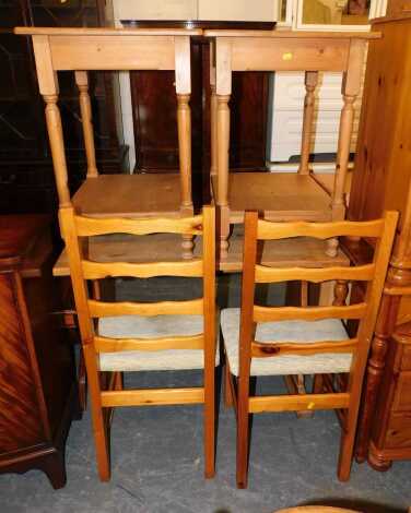 A pine kitchen table with two pine ladder back chairs, and a pair of pine side tables, with low level storage shelf, table measures 100cm long x 60cm wide x 50cm deep. (5)