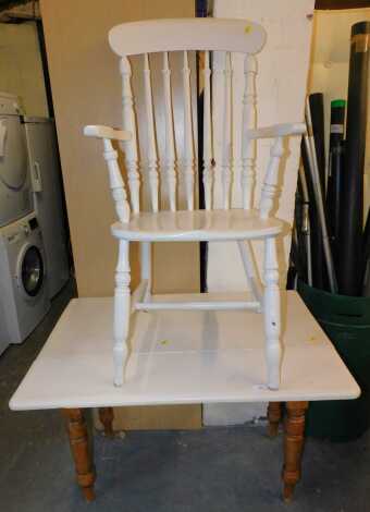 A painted pine drop leaf table, together with a painted grandfather chair.