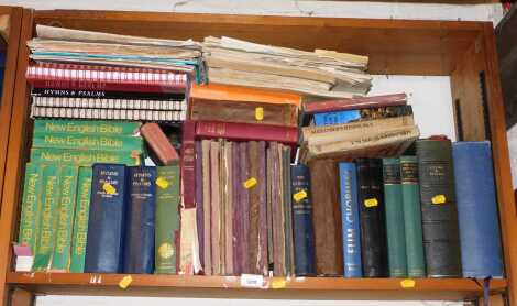 Various religion related books, to include Hymns and Psalms, New English Bible, etc. (1 shelf)