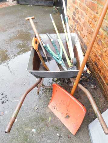 A wheelbarrow, together with various garden tools, etc. (a quantity)