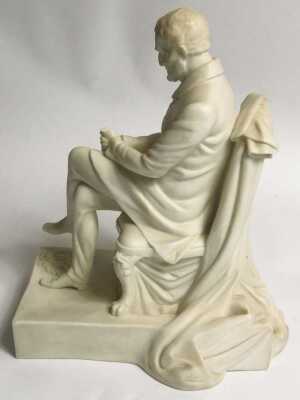 A 19thC Samuel Alcock and Co Parian figure of The Duke of Wellington, modelled seated on a chair with his monogram to the rectangular base, produced June 1852, 29cm high. No apparent damage upon initial inspection. - 3