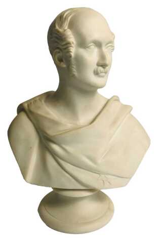 A mid 19thC W.H. Kerr and Co Worcester Parian bust, after the sculptor E.J. Jones of Prince Albert, on a circular socle, 35cm high. Upon initial inspection slight splitting to back near marks (possibly firing fault) to the right of the EJ Jones Sculpter m