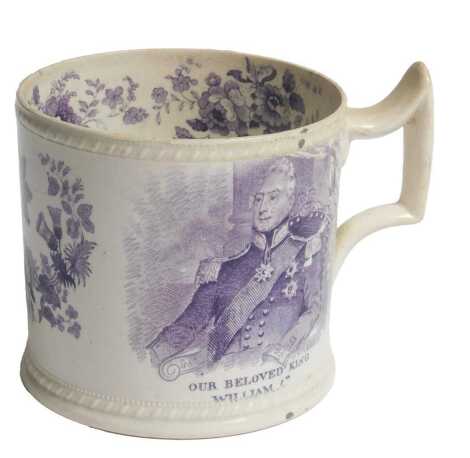 A 19thC Staffordshire mug, made to commemorate the Coronation of William IV, printed in purple, 10cm high. Upon initial inspection overall a degree of staining and crazing to the mug, small historical chip to rim lining up with handle, various other chips