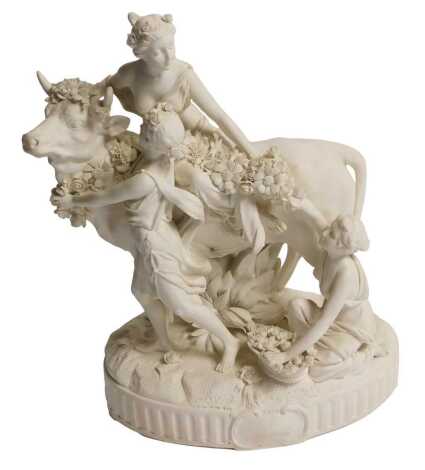 A 19thC Sevres bisque porcelain figure of Europa and the bull, depicting a bull, emblazoned in flowers, on an oval base with a central cartouche, 30cm high. Upon initial inspection there are a number of petals either missing or chipped, mainly to the garl