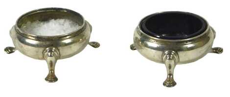 A pair of George V silver salts, in mid 18thC style, with three scroll feet, Birmingham 1912, 5 1/4oz.