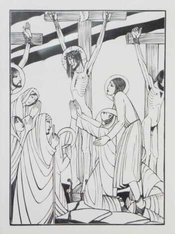 After Eric Gill (1882-1940). The Crucifixion, wood engraving, 1926 (from the original engraving printed from the wood, Faber edition 1934), ex Goldmark Gallery Uppingham Rutland, 18cm x 13cm.