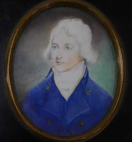 Late 18th/early 19thC School. Portrait miniature, depicting a gentleman dexter, wearing a white wig and a blue coat, with cravat, on ivory, 8.5cm x 6.5cm. Sold Subject to UK Ivory Laws.