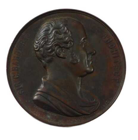 A bronze medallion after Charles Wiener, of Sir Charles Barry, the architect, cast to the reverse with the Houses of Parliament, bearing the inscription 'Commences 1837, Inaugurated 1847.'