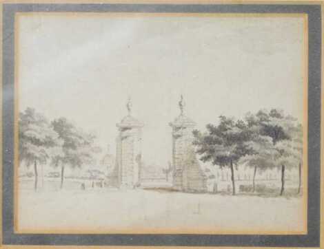 19thC School. Study of a gateway surrounded by trees, pen and ink, unsigned, 9cm x 12cm.