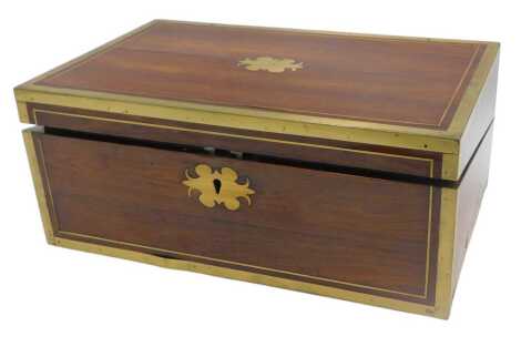 A 19thC rosewood and brass bound campaign writing box, the rectangular hinged lid with vacant cartouche, enclosing a fitted interior with leather writing slope, two inkwells, etc., 40cm wide, and various walking sticks, camera tripod, etc. Upon initial in