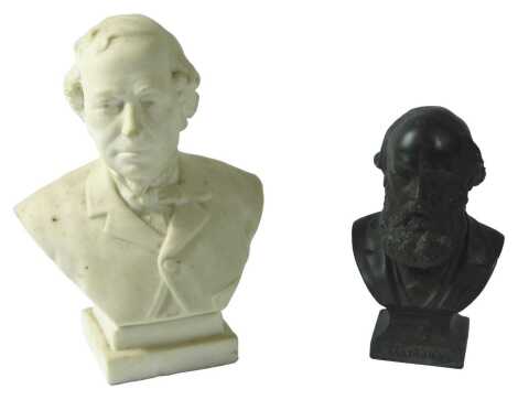 A Victorian Parian ware bust of Lord Beaconsfield, on square plinth, unmarked, 17cm high, and a spelter bust of Lord Salisbury, 13cm high. (2) Estimate £60-£80.