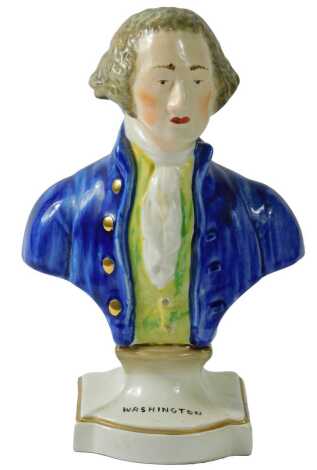 A Gladstone pottery bust of George Washington, on a square base, numbered 57231, 23cm high. Estimate £50-£80.