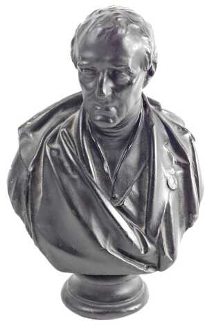 After M Noble. An ebonised plaster bust of Lord Wellington, titled and dated to reverse, 28cm high. Upon initial inspection various areas, as per image, of wear to the paint finish particularly on shoulder area and back, also have later black paint or ink