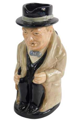 A Royal Doulton toby jug, modelled in the form of Winston Churchill, printed marks to underside, 24cm high. Upon initial inspection, no apparent damage.