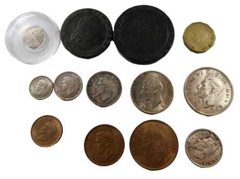 A quantity of coins etc., to include a silvered copper coin, cartwheel penny, etc.