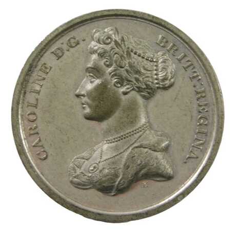 A silvered medallion, struck to commemorate the return to England of Queen Caroline 1826.