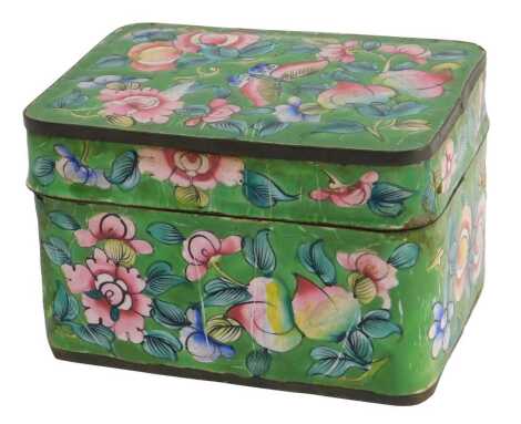 A 19thC Chinese Canton enamel rectangular box and cover, decorated with flowers, peaches, and butterfly, etc., 8.5cm wide.