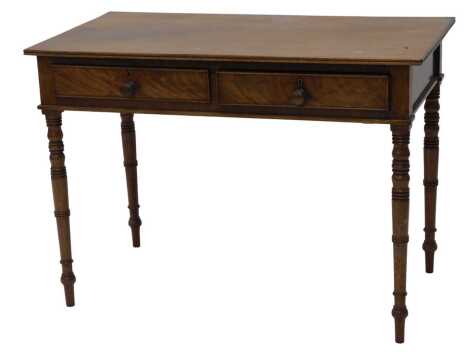 A 19thC mahogany low side table or dressing table, with a rectangular top above two frieze drawers on turned tapering legs, 91cm wide.