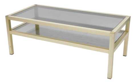 A brass finish brassed coffee table, with smoked glass top and undertier.