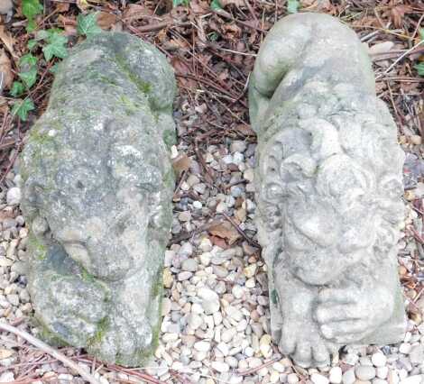 A pair of recumbent reconstituted stone lions, 62cm long.