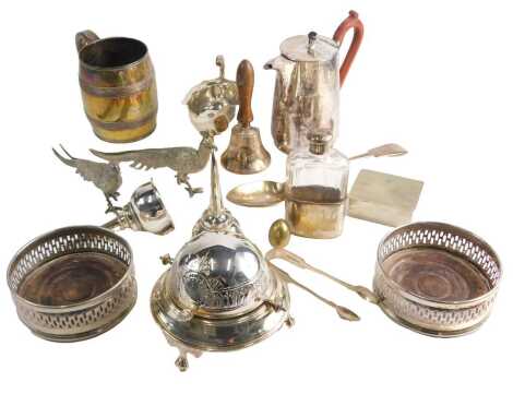 Two similar silver plated wine funnels, a hip flask, with silver plated mounts, a pair of silver plated coasters, etc.