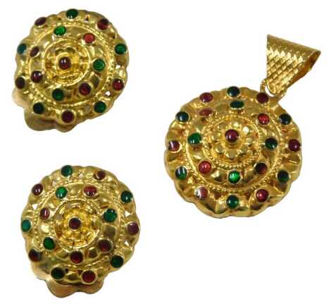 An Eastern cabochon, ruby and emerald pendant, of circular floral design, marked 22ct, together with a pair of matching clip earrings, 14.2g all in.