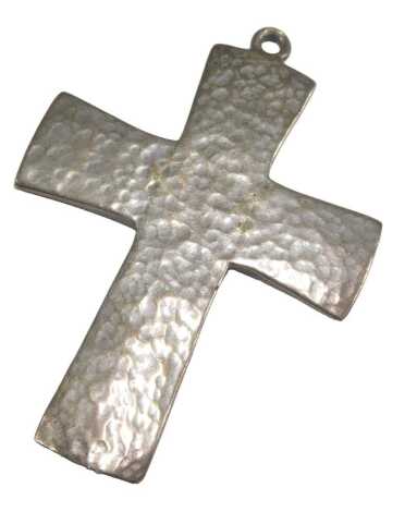 A silver pendant cross, with a textured finish.