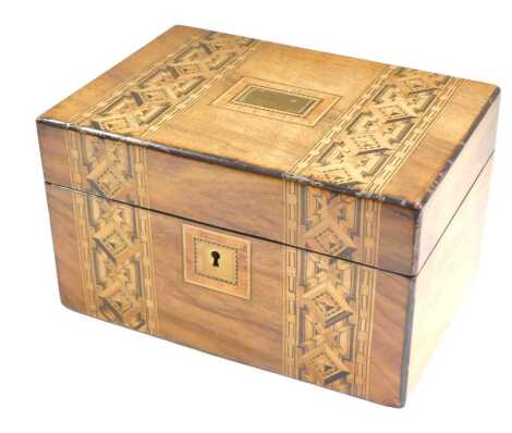 A Victorian walnut and parquetry workbox, the interior lined in red marbled paper, 22cm wide.