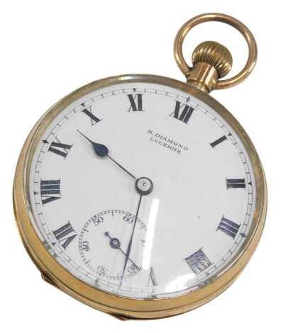 A 9ct gold pocket watch, the enamel dial signed H. Diamond Lucerne, the case stamped D&R 9, 375 542379, 63.9g.