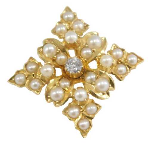 A seed pearl and diamond brooch, in a square floral and foliate design, in yellow metal, 3.9g.