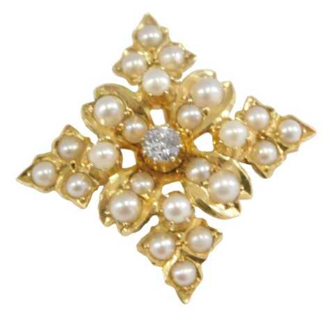 A seed pearl and diamond brooch, in a square floral and foliate design, in yellow metal, 3.9g.