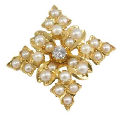 A seed pearl and diamond brooch, in a square floral and foliate design, in yellow metal, 3.9g.